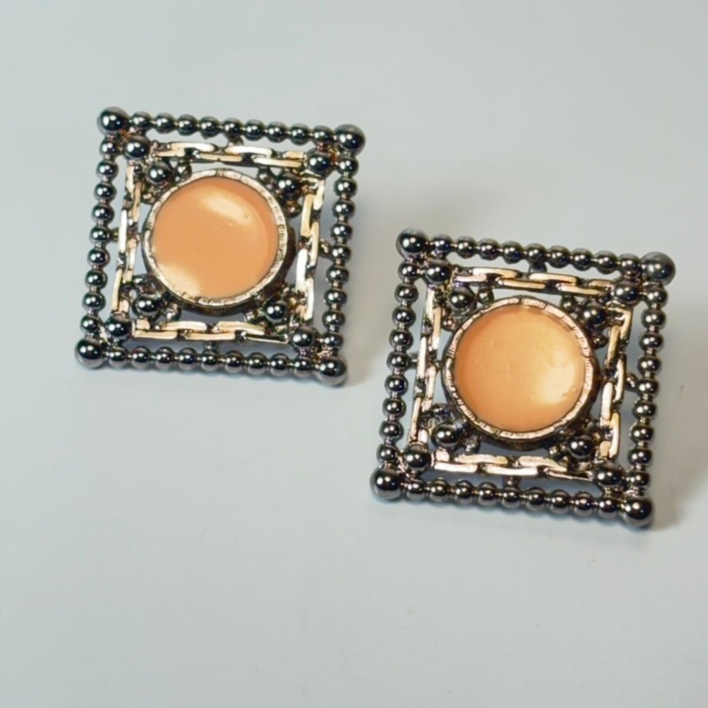 Vintage Square Stud Earrings Peach Enamel Gunmetal Boho Eclectic Geometric